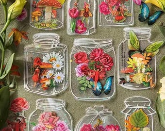 Fairy Garden Terrarium DIY Bookmarks - 40Pcs Kit: PET Transparent Stickers, Fun Art Project Junk Journal Decoration