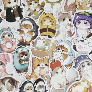 Puede incluir: Una colección de pegatinas de gatos coloridos en varios disfraces y poses. Las pegatinas presentan gatos disfrazados de tiburón, abeja y con otros atuendos lindos. Algunos gatos sostienen objetos como una manzana o helado.