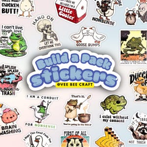 May include: A collection of die-cut vinyl stickers featuring various illustrations including frogs, geese, a raccoon, and a brain. The central text reads Build a Pack stickers @VEE BEE CRAFT. Each sticker includes humorous phrases like Guess What Chicken Butt and I Exist Without My Consent.