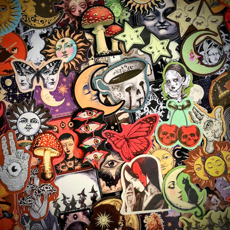 May include: A collection of assorted stickers featuring celestial, occult, and botanical imagery including suns, moons, stars, mushrooms, butterflies, skulls, and eyes. The stickers are layered together in a dense, overlapping collage arrangement.