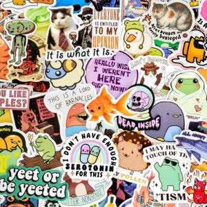 May include: A collection of assorted vinyl stickers featuring various illustrations including a cat in a tie, a skeleton, a goldfish, frogs, a hedgehog, and text-based designs like 'I don't have enough serotonin for this' and 'yeet or be yeeted'.