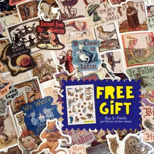 May include: A collection of medieval-style stickers featuring various creatures and figures, including a snail, a frog with the text It Croaks in Latin, and a sign reading Banned from The Taverns. A blue rectangular overlay displays FREE GIFT.