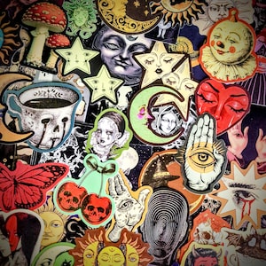 May include: A collection of assorted stickers featuring illustrations of mushrooms, celestial bodies, skulls, eyes, hands, cherries, butterflies, and a clown face. The designs include various artistic styles with vibrant colours and detailed line work.