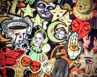 Dark Vintage Cosmic Witchcraft Stickers: Mixed Pack - Gloss Finish, Vinyl VSCO Die-Cut, Bulk Pack