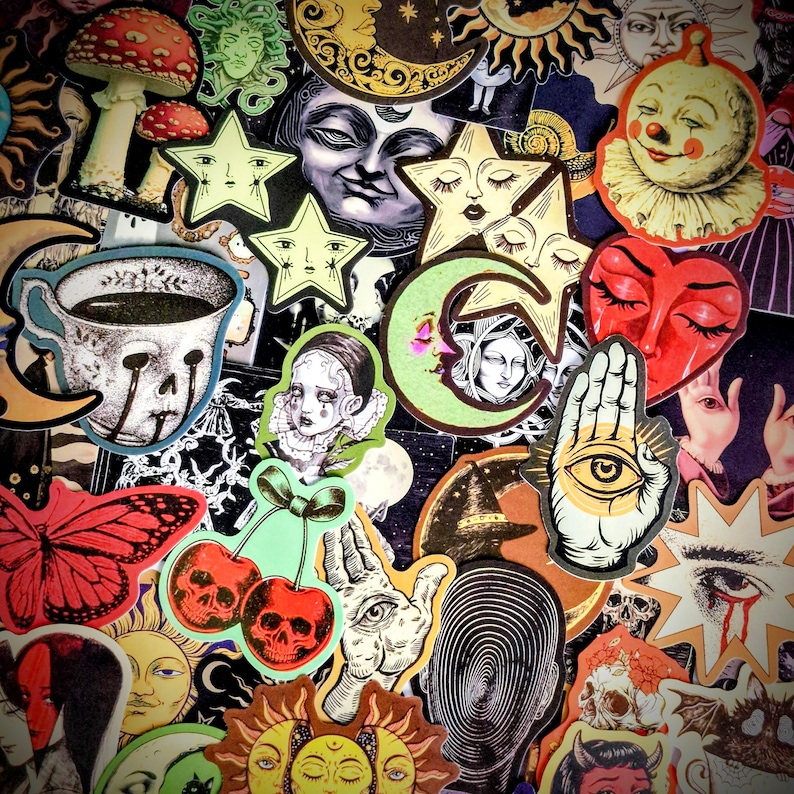 May include: A collection of assorted stickers featuring illustrations of mushrooms, celestial bodies, skulls, eyes, hands, cherries, butterflies, and a clown face. The designs include various artistic styles with vibrant colors and detailed line work.