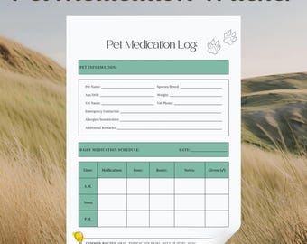 Registro giornaliero delle medicine per animali domestici / Monitoraggio delle medicine per animali domestici / Cartella clinica per animali domestici / Tabella delle medicine per cani / Registro delle medicine per gatti / Stampabile per tecnici veterinari / Pianificatore di cure per animali domestici