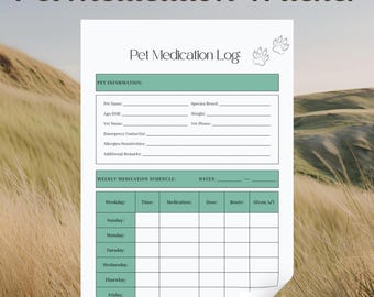 Registro settimanale delle medicine per animali domestici / Registro delle medicine per animali domestici / Cartella clinica per animali domestici / Tabella delle medicine per cani / Registro delle medicine per gatti / Stampabile per tecnici veterinari / Pianificatore di cure per animali domestici