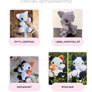 May include: Image featuring four crocheted cat plushies in various colors, including gray, white, black, and orange. The text "TESTER APPRECIATION" is at the top, with creator names below each cat. The bottom of the image displays the text "@purrrfectstitches".