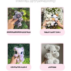 May include: An image showcasing four crocheted stuffed animals. The top left features a gray cat, the top right shows a group of small cats in various colors, the bottom left has a white and purple cat, and the bottom right is a white bear.