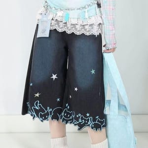 Byxor Damjeans med hög midja, söta tecknade kattbroderier, flickors vintage Y2k-kläder Denimbyxor Harajuku Kawaii Streetwear