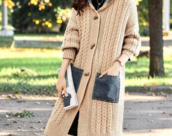 Hoodies Denim Patchwork Hooded Long Cardigan Long Sleeve Light jacket Casual Coat Knitted Style Autumn Winter