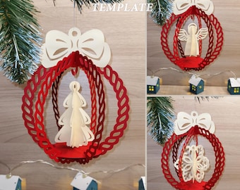 May include: Red and white Christmas ball templates with a bow, a tree, an angel, and a snowflake design. The text "CHRISTMAS BALL TEMPLATE" is at the top. The bottom text says "SVG - DXF" and "PNG - PDF".