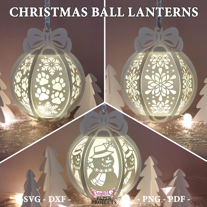 May include: White paper Christmas ball lanterns with intricate cut-out designs. One lantern features paw prints, another snowflakes, and the third a snowman. Each lantern has a bow at the top and hangs from a silver string. The text "CHRISTMAS BALL LANTERNS" is at the top.