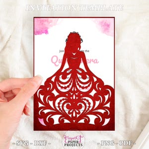 May include: A red laser-cut invitation template with a silhouette of a woman in a gown. The invitation includes the text "Invitation Template" and "Join the Quinceañera celebration". The bottom of the invitation has the text "- SVG - DXF -" and "- PNG - PDF -."