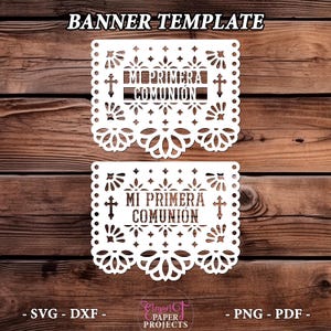 May include: Two white paper banner templates with intricate cut-out designs. Each banner features the text "MI PRIMERA COMUNION" and crosses. The top of the image reads "BANNER TEMPLATE". The bottom of the image includes file type options.