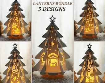 May include: A bundle of five Christmas tree lanterns with various designs. Each tree-shaped lantern is made of dark material and features cut-out patterns that illuminate when lit from within. The lanterns include snowflake, star, nativity, snowman, and ornament designs.