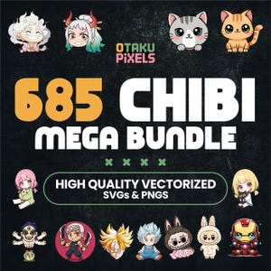 685 Chibi Mega Bundle Cute Anime Cats Demon Slayer Dragon Ball Z Labubu Super Hero Waifu PNG Clipart Kawaii Digital Download Art Pack