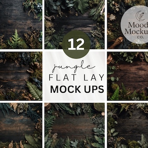 May include: A collection of 12 jungle flat lay mockups. Each mockup features a dark wooden surface surrounded by various green plants and foliage. The text "jungle FLAT LAY MOCK UPS" is displayed in a handwritten font.