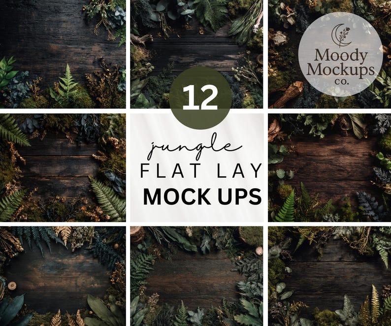 May include: A collection of 12 jungle flat lay mockups. Each mockup features a dark wooden surface surrounded by various green plants and foliage. The text "jungle FLAT LAY MOCK UPS" is displayed in a handwritten font.