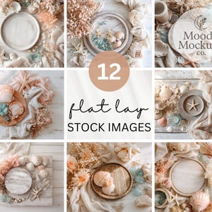 May include: A collection of 12 flat lay stock images featuring seashells, starfish, and decorative elements. The images showcase a coastal theme with neutral tones, including beige, white, and touches of coral and seafoam green. Various plates and wooden elements are included.