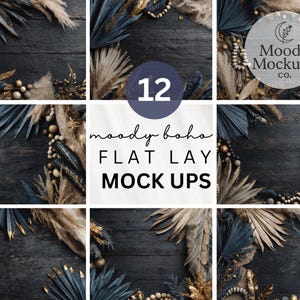 Stämningsfulla Boho Flat Lay-mockups: Jordnära svarta träbakgrunder (digital nedladdning)
