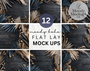 Moody Boho Flat Lay Mockups: Earthy Black Wood Backgrounds (Digital Download)