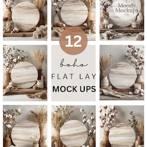 May include: A collection of 12 boho flat lay mockups featuring round wooden boards with a marble effect. The images include dried flowers, cotton branches, and rustic vases. The text "12 boho FLAT LAY MOCK UPS" is displayed in the center.