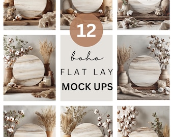 12 Boho Flat Lay Mockups | Neutral Cotton & Eucalyptus Round Board Mockup Set | Rustic Digital Backdrop Bundle