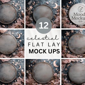 Puede incluir: Una colección de 12 maquetas de diseño plano celestial. Cada maqueta presenta una superficie redonda y gris rodeada de estrellas, lunas crecientes y tela rosa. Se muestra el texto "Celestial Flat Lay Mock Ups".