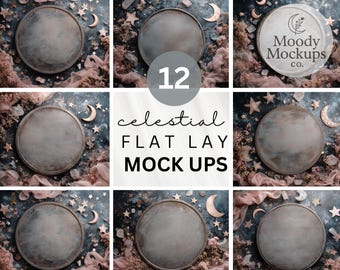 Celestial Flat Lay Mockups: Starry Sky, Rose Gold Moons (Instant Download, JPG Files) MU027