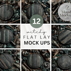 May include: A collection of wooden serving boards with dark green and brown tones, surrounded by decorative elements like crystals, herbs, and vintage items. The image has a moody, witchy aesthetic, with the text "12 witchy FLAT LAY MOCK UPS".