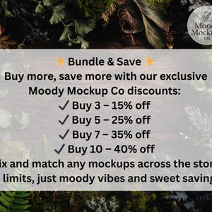 May include: Image featuring text promoting discounts on mockups from Moody Mockups Co. The text reads "Bundle & Save" and details discounts ranging from 15% to 40% off when purchasing multiple items. The background includes greenery and a wooden surface.