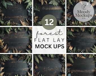 Forest Flat Lay Mockups: Dark Woodland Photography Backdrops (Digital Download, 12 JPGs 3000x2400px )