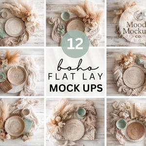 May include: Twelve boho flat lay mockups, each with a woven plate, a small teacup, and decorative elements such as pampas grass and fabric. The colour scheme is neutral, with touches of green and beige, creating a natural, earthy aesthetic.
