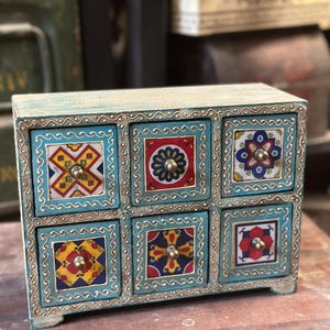 Handcrafted Wooden Jewelry Box: Vintage Painted Design, Rustic Turquoise Organizer