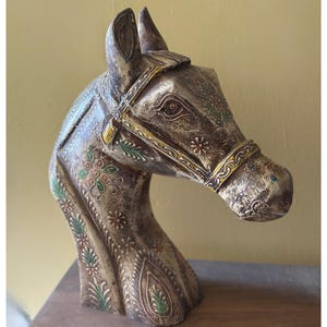 Hand-Painted Wooden Horse Head: Rustic Indian Folk Art Sculpture