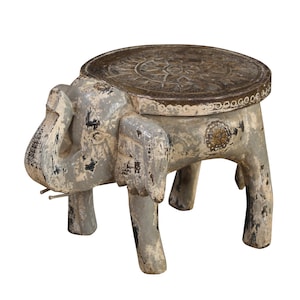 Handcrafted Mango Wood Elephant Stool: Indian Tribal Decor Accent Table
