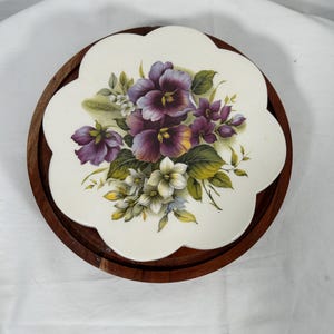 Ceramic Scalloped Trivet with Floral/Pansy Design - Unmarked