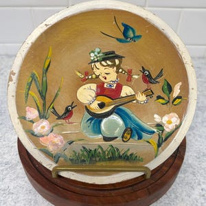 Vintage Hand Painted Wood Plate - Made in Japan - 7&quot; Wall Decor