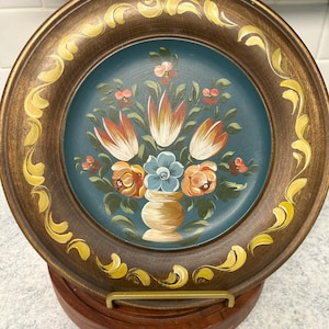 Vintage Hand Painted Wooden Plate Scandinavian Folk Art Wall Decor