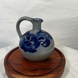 German Salt Glaze Pottery Jug - Gray and Blue Hand Painted