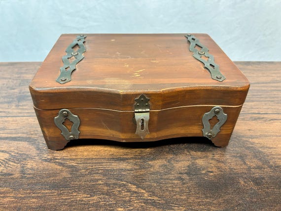 Vintage Cedar Jewelry Trinket Box, Footed with Metal Handles and Accents