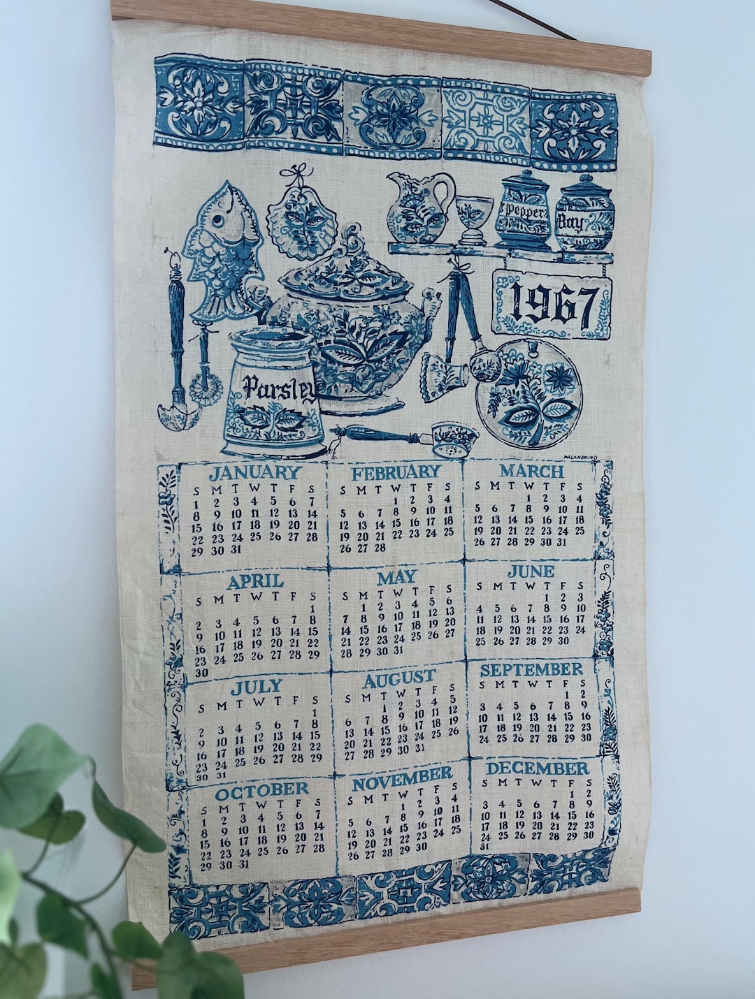 1967 Tea Towel Calendar - Vintage Coastal Blue and White 60s Home Decor ...