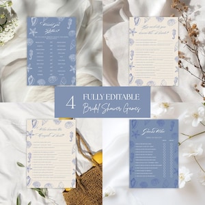 May include: A set of four printable bridal shower game cards featuring a coastal theme with blue and cream backgrounds, seashell illustrations, and text including Would She Rather, How Well Do You Know The Bride, Who Knows The Couple Best, and Guess Who.