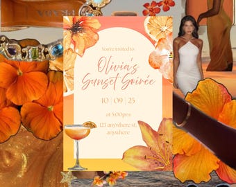 Editable Sunset Soirée Invitation Template | Tropical Birthday Party Canva Invite | Citrus Floral Summer Cocktail Digital Download