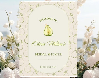 Panneau de bienvenue parfait pour la douche nuptiale poire - modèle canva - affiche de bienvenue sur le thème de la poire - panneau imprimable pour la douche nuptiale 16 x 20"