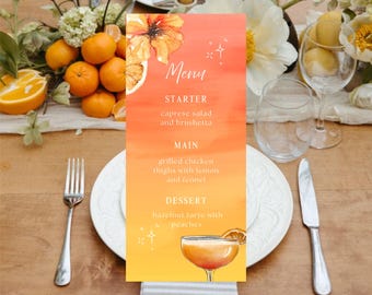 Sonnenuntergang Soiree Menü Vorlage | Bearbeitbare Canva-Datei | Orange & Pfirsich Sommer-Abendmenü | Tropischer Sommer-Geburtstags-Cocktail Theme Download