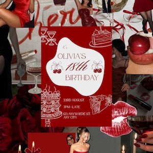 Könnte beinhalten: Eine Collage mit einer rot-weißen Einladung zu Olivias 18. Geburtstag. Die Einladung lautet "OLIVIA'S 18th BIRTHDAY" mit Details zum 23. August, 19:00 Uhr und einer Adresse. Die Collage enthält auch Bilder von roten Kleidern, Lippenstift und Weingläsern.