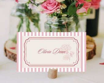 Pink Stripe Party Name Cards or Food Labels | Editable Birthday Place Cards | Digital Download 3.5x2" ready to print