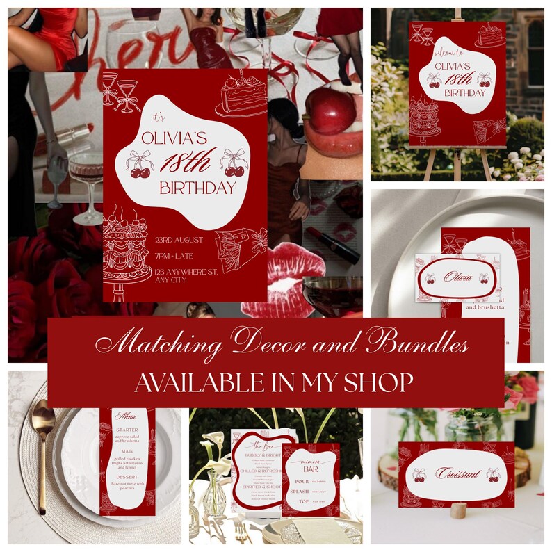 May include: A collage of red and white party decorations. The central image is a birthday invitation with the text "Olivia's 18th Birthday." Other items include a welcome sign, menu cards, and place cards, all with a matching cherry design. The text "Matching Decor and Bundles AVAILABLE IN MY SHOP" is also visible.